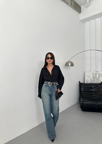 36 Beden siyah Renk Wide leg eskitme görünümlü jean
