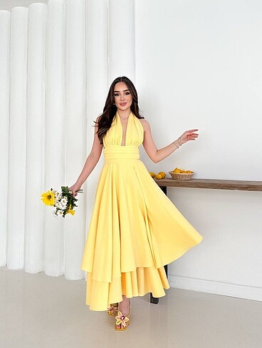 Butter yellow boyundan bağlamalı elbise