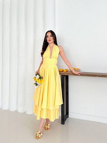 s Beden Butter yellow boyundan bağlamalı elbise