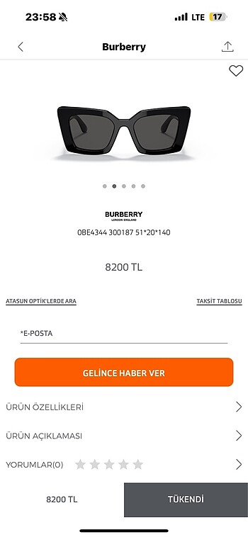  Beden BURBERRY GÖZLÜK