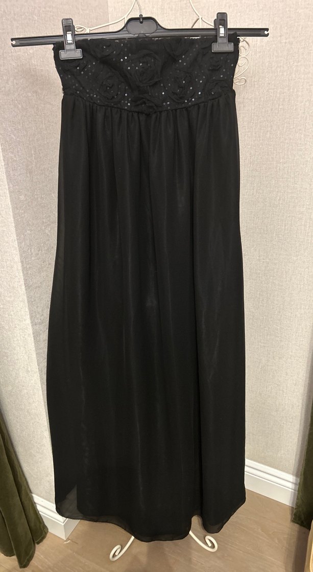 Siyah Uzun Drapeli Straptez Kadın elbise - Görsel 5