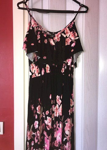 H&M Pembe Çiçek Desenli Uzun Bohem Elbise