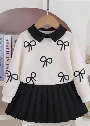 Nakışlı Beyaz Kız Çocuk Fiyonk Detaylı Etek Takım - Görsel 2