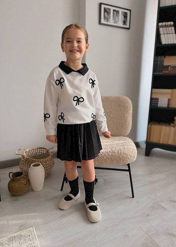 Nakışlı Beyaz Kız Çocuk Fiyonk Detaylı Etek Takım - Görsel 4