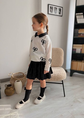 Nakışlı Beyaz Kız Çocuk Fiyonk Detaylı Etek Takım - Görsel 5