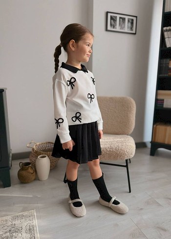 Nakışlı Beyaz Kız Çocuk Fiyonk Detaylı Etek Takım - Görsel 3