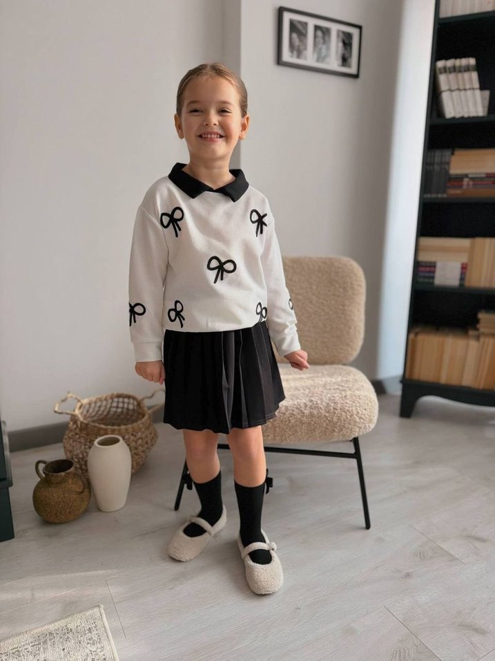 Nakışlı Beyaz Kız Çocuk Fiyonk Detaylı Etek Takım - Görsel 4