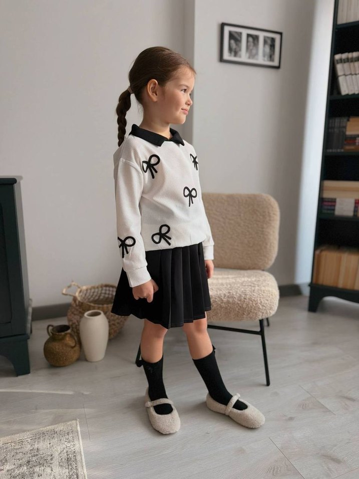 Nakışlı Beyaz Kız Çocuk Fiyonk Detaylı Etek Takım - Görsel 3