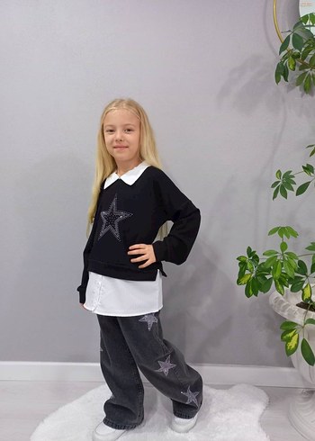 Siyah Taş Detaylı Kız Kot Pantolon Takım - Görsel 5