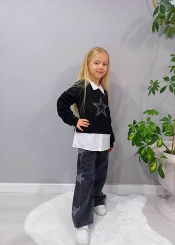 Siyah Taş Detaylı Kız Kot Pantolon Takım - Görsel 4