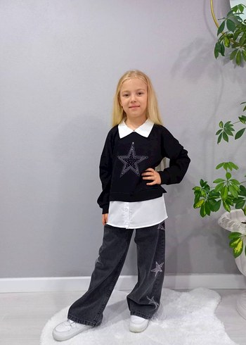 Siyah Taş Detaylı Kız Kot Pantolon Takım - Görsel 3