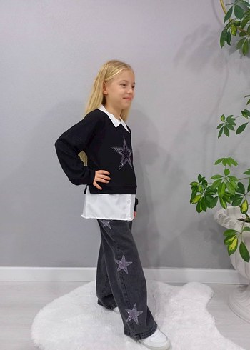 Siyah Taş Detaylı Kız Kot Pantolon Takım - Görsel 2