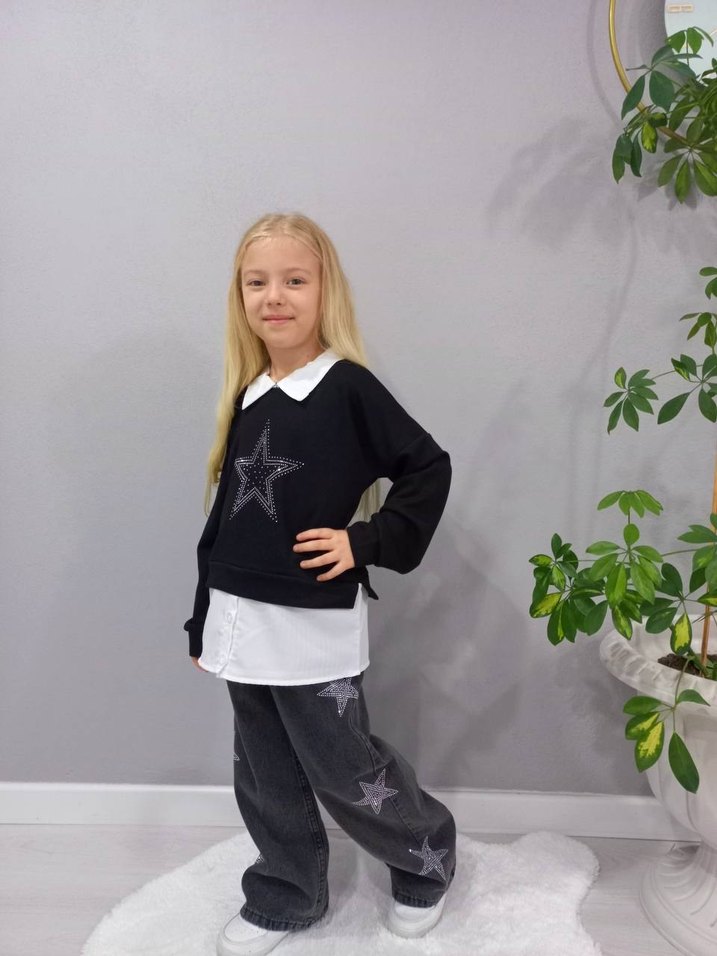 Siyah Taş Detaylı Kız Kot Pantolon Takım - Görsel 5