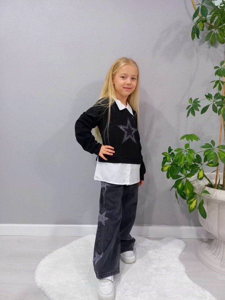 Siyah Taş Detaylı Kız Kot Pantolon Takım - Görsel 4