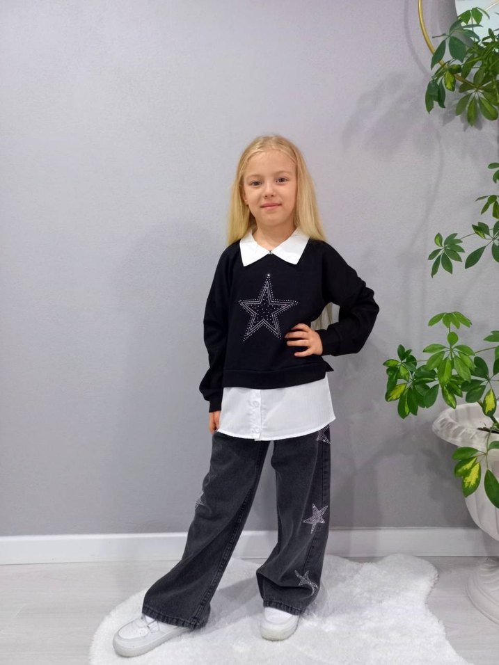 Siyah Taş Detaylı Kız Kot Pantolon Takım - Görsel 3