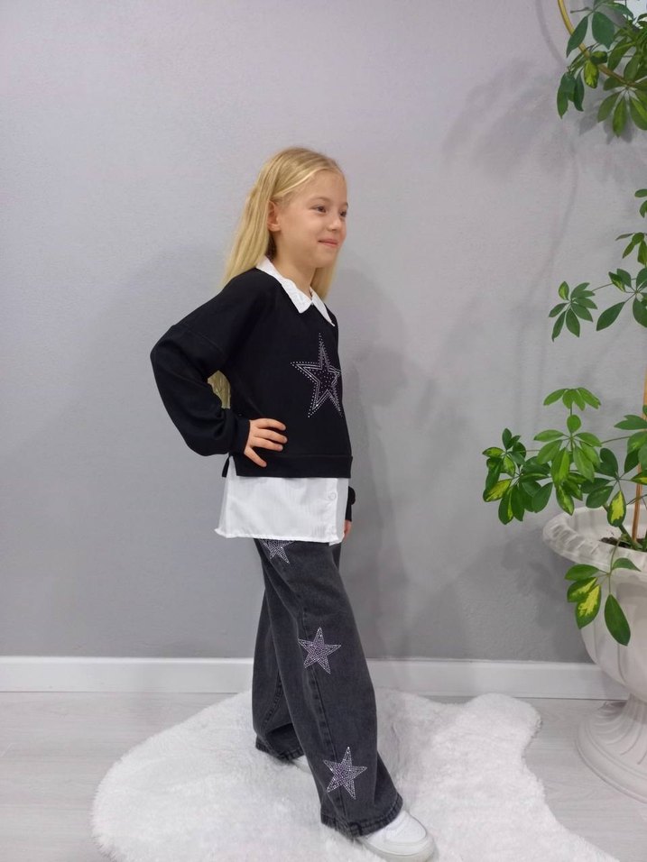 Siyah Taş Detaylı Kız Kot Pantolon Takım - Görsel 2