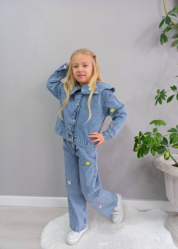 Kız Çocuk Mavi Denim Düğmeli Takım - Görsel 3