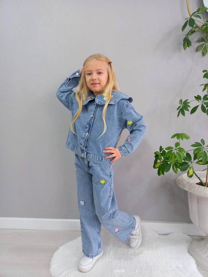 Kız Çocuk Mavi Denim Düğmeli Takım - Görsel 3