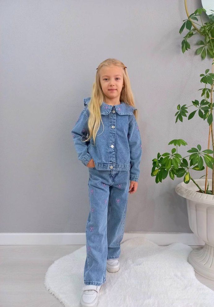 Kız Çocuk Mavi Denim Düğmeli Takım - Görsel 4