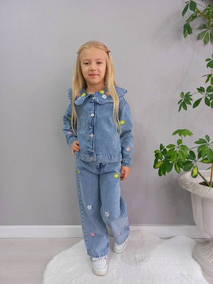 Kız Çocuk Mavi Denim Düğmeli Takım - Görsel 2