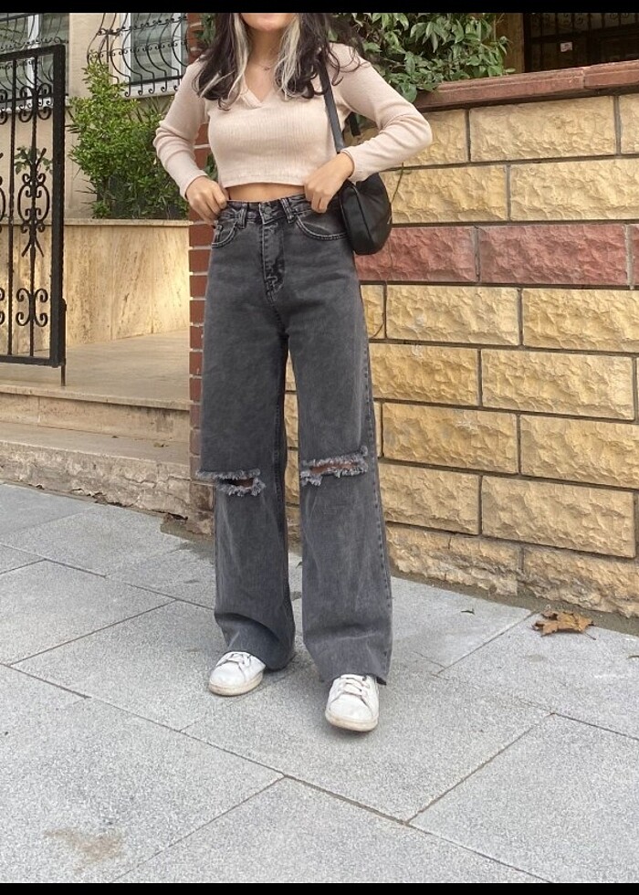 Dizi yırtık kot palazzo - Görsel 2