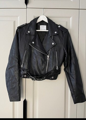 Kemerli Siyah Deri Biker Ceket