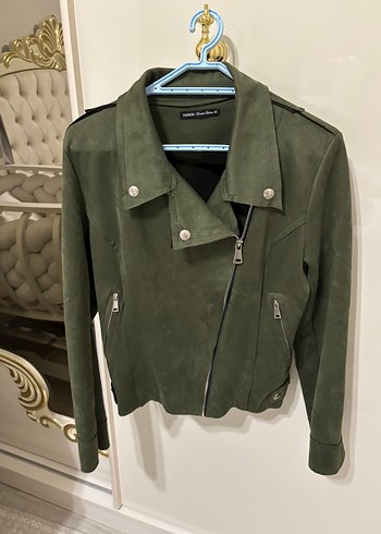 Kadın Haki Süet Fermuarlı Deri Ceket blazer ceket