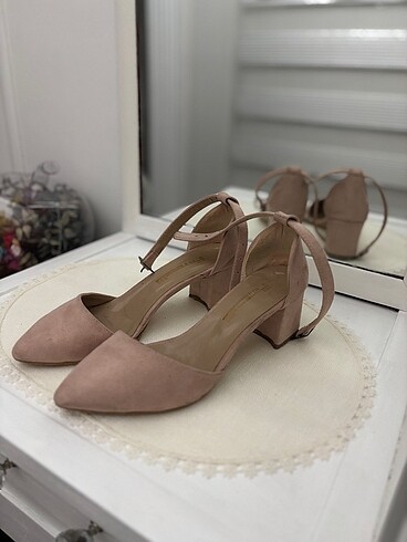 38 Beden Pudra stiletto bilekten bağlamalı topuklu ayakkabı