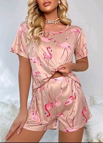 l Beden Flamingo desenli uyku maskeli pijama seti L