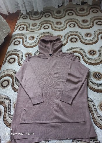 Kadın Kahverengi Kapüşonlu Örgü Tunik Sweatshirt - Görsel 2