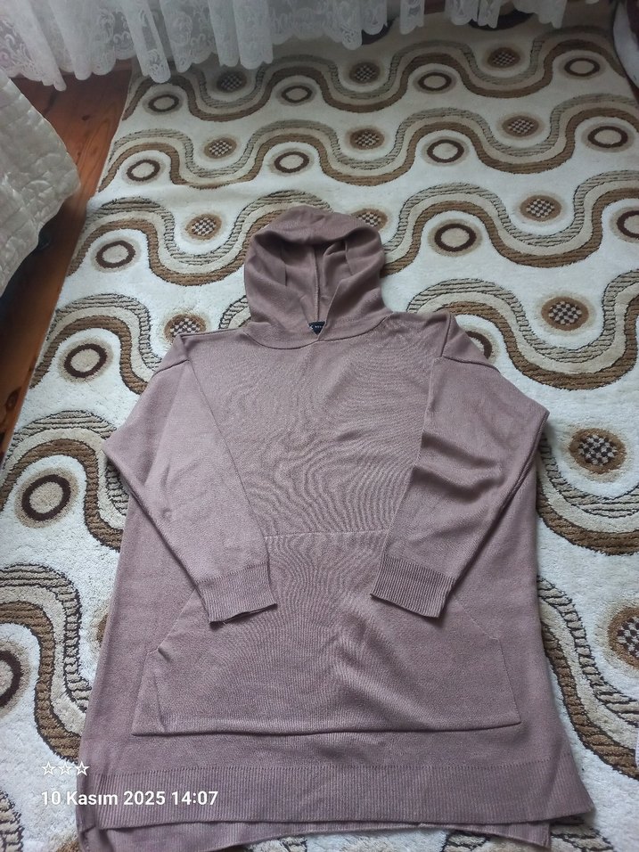 Kadın Kahverengi Kapüşonlu Örgü Tunik Sweatshirt - Görsel 2