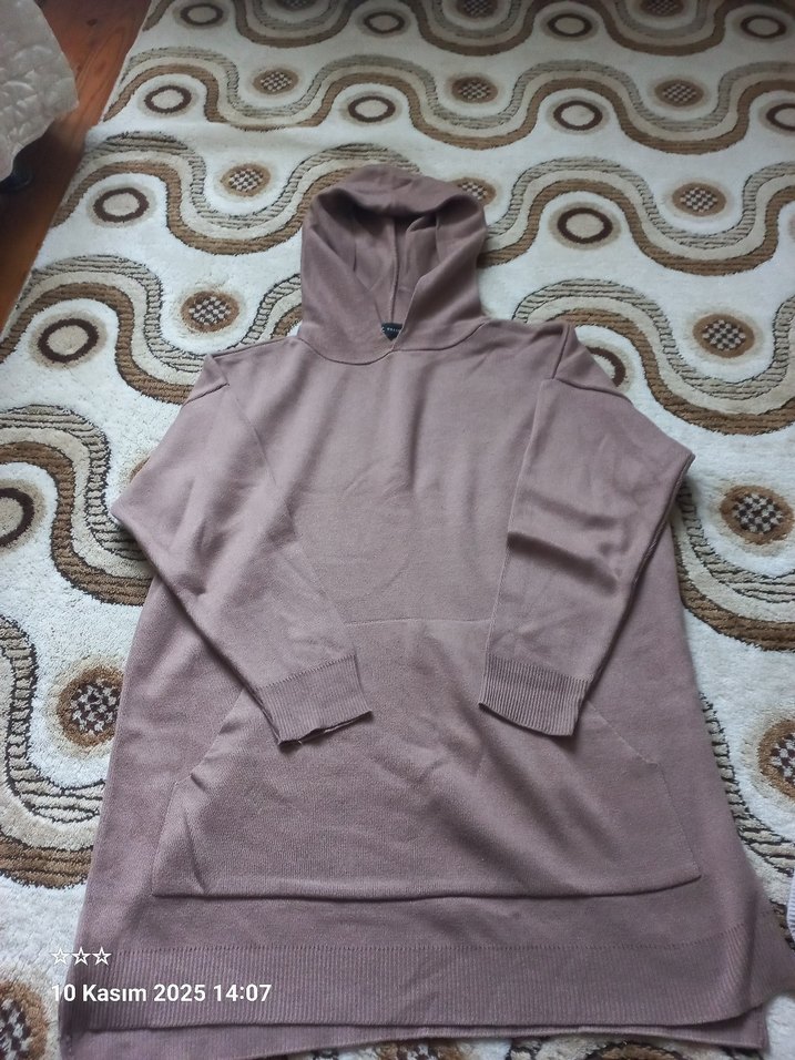 Kadın Kahverengi Kapüşonlu Örgü Tunik Sweatshirt - Görsel 3