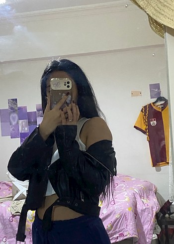 Kadın Siyah Deri Biker Ceket - Görsel 4