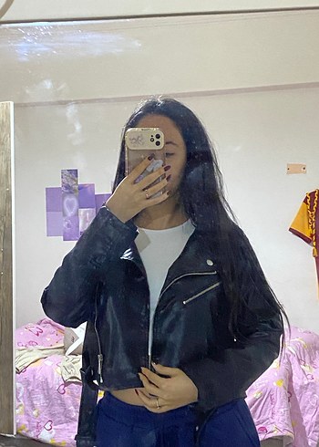 Kadın Siyah Deri Biker Ceket - Görsel 5