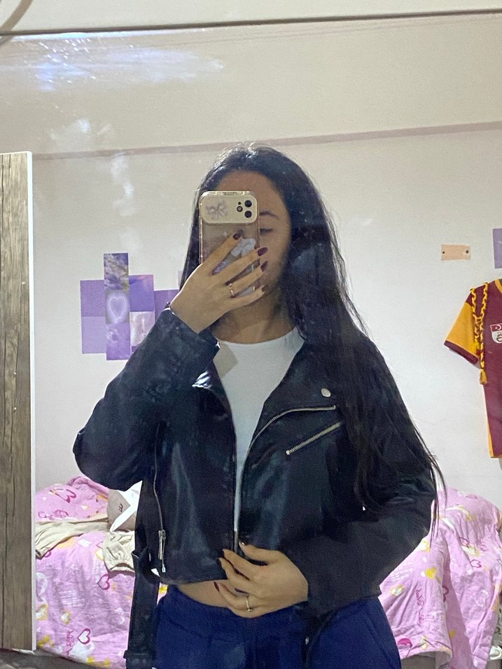 Kadın Siyah Deri Biker Ceket - Görsel 5