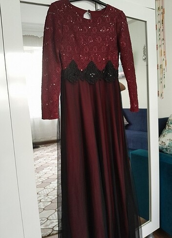 Bordo-Siyah Tesettür Abiye Elbise