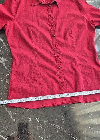 Düğmeli Kırmızı Keten Kadın Gömlek - Görsel 7