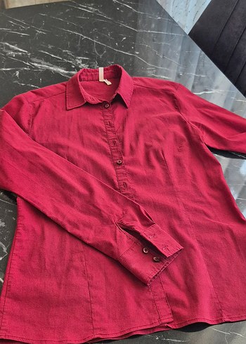 Düğmeli Kırmızı Keten Kadın Gömlek - Görsel 3