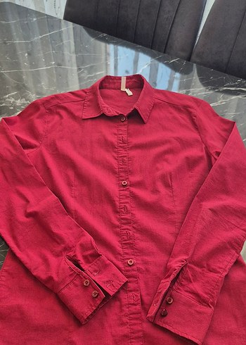 Düğmeli Kırmızı Keten Kadın Gömlek - Görsel 8
