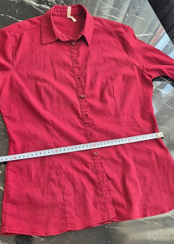 Düğmeli Kırmızı Keten Kadın Gömlek - Görsel 6