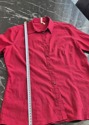 Düğmeli Kırmızı Keten Kadın Gömlek - Görsel 2