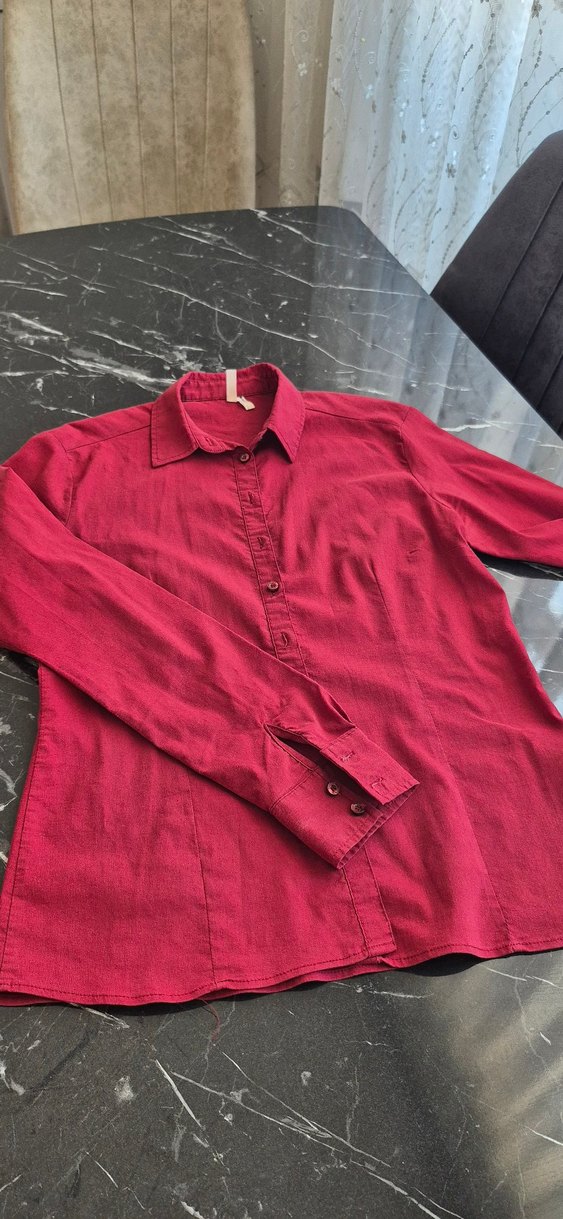 Düğmeli Kırmızı Keten Kadın Gömlek - Görsel 3