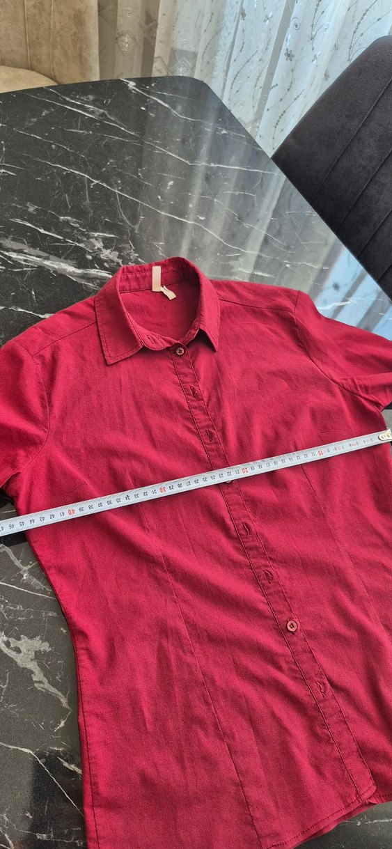 Düğmeli Kırmızı Keten Kadın Gömlek - Görsel 5