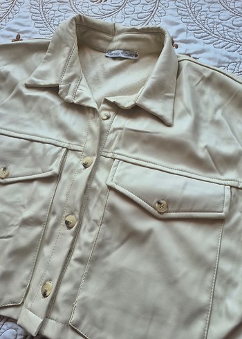 Düğmeli Bej Deri Kadın Ceket - Görsel 7