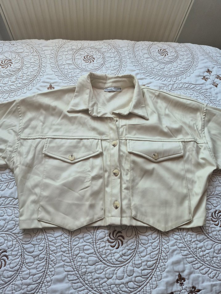 Düğmeli Bej Deri Kadın Ceket - Görsel 5