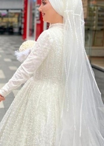 Uzun Kollu Beyaz Bohem Tesettür Gelinlik - Görsel 3