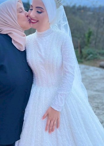 Uzun Kollu Beyaz Bohem Tesettür Gelinlik - Görsel 4