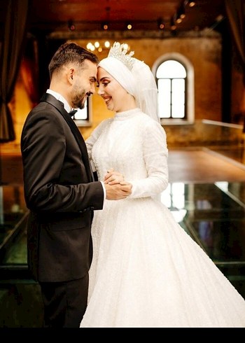 Uzun Kollu Beyaz Bohem Tesettür Gelinlik - Görsel 5