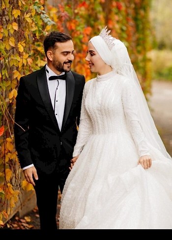 Uzun Kollu Beyaz Bohem Tesettür Gelinlik - Görsel 6