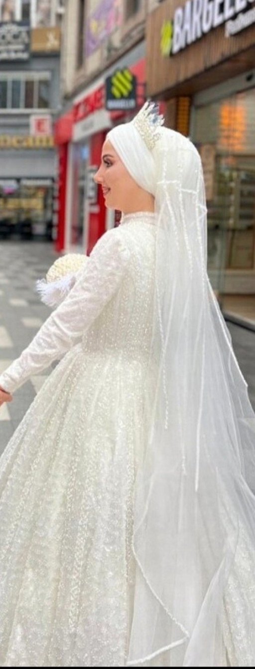 Uzun Kollu Beyaz Bohem Tesettür Gelinlik - Görsel 3